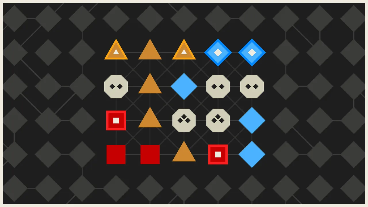 An unsolved LYNE board on a dark background: orange triangles, blue diamonds and red squares with their end shapes marked, and grey octagon nodes that take two or three passes