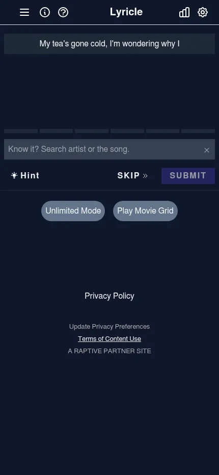 Lyricle at phone size: the day's first lyric line above six try bars, the artist or song search box and the Hint, Skip and Submit buttons
