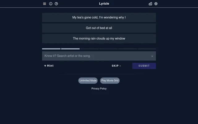 Today's Lyricle board after two skips: three lines of lyrics shown, two of six try bars used, with the search box, Hint, Skip and Submit below