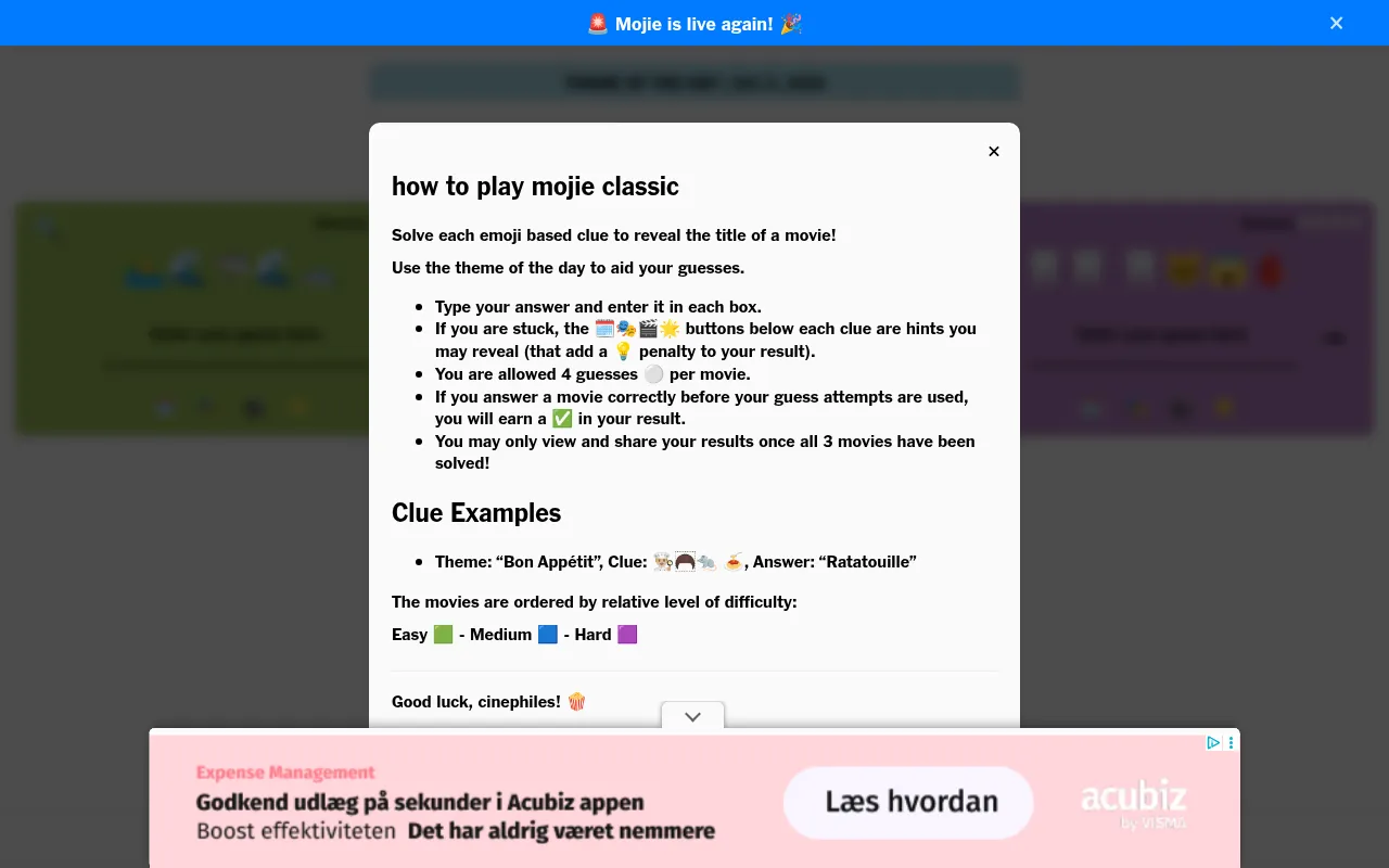 mojie classic how-to-play card over the day's three emoji clues: solve emoji clues to name three movies tied to a theme of the day, four guesses each, hints with a penalty, ordered easy, medium and ha