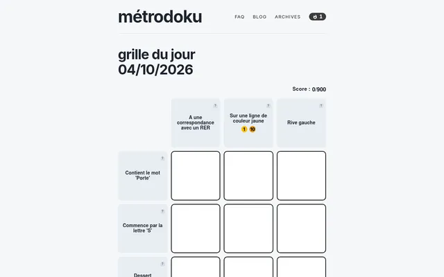 Métrodoku grid for 4 October 2026: a 3x3 grid of empty squares with Paris Métro station clues such as Rive gauche and Contient le mot Porte