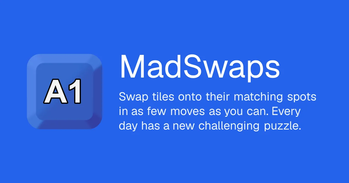 MadSwaps' own share card: its A1 tile logo beside the game's name and the line about swapping tiles onto their matching spots