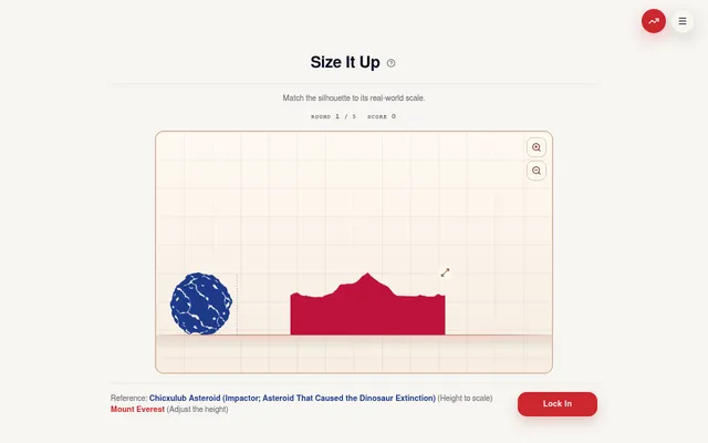 Magnitudle Size It Up round 1 of 5 on 22 October 2026: the Chicxulub asteroid in blue as reference beside a red Mount Everest to resize to scale on a grid