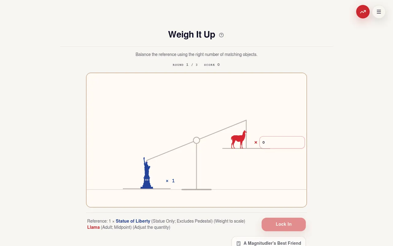 Magnitudle Weigh It Up round 1 of 3: a balance with the Statue of Liberty on one side and a llama on the other, with a box for how many llamas balance it