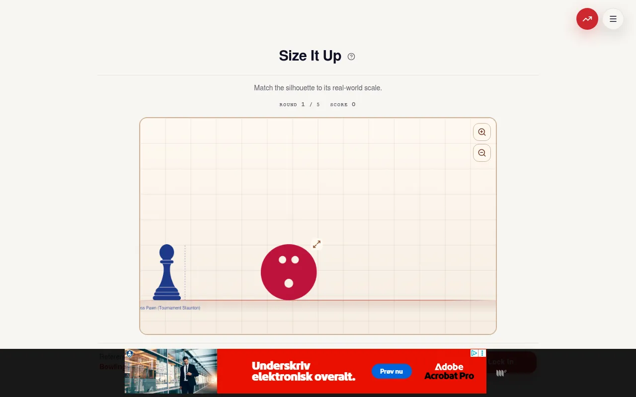Magnitudle Size It Up round 1 of 5: a blue chess pawn silhouette as the reference beside a red bowling ball to resize to real-world scale on a grid