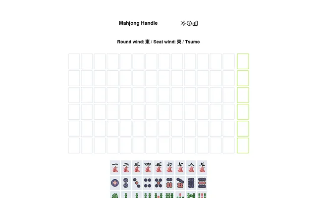 Mahjong Handle board: six empty rows of 14 tiles, the last one in each row outlined in green, under Round wind East / Seat wind East / Tsumo, above rows of character, circle and bamboo tiles to pick f