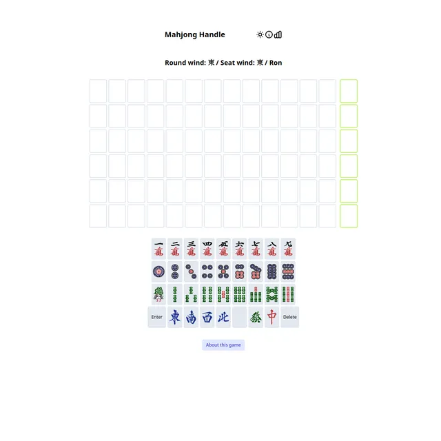 Mahjong Handle board with six empty rows of 14 tiles under Round wind East, Seat wind East, Ron, above a keyboard of mahjong tiles