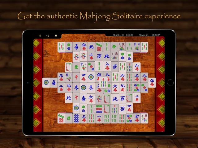 Mahjong Of The Day on an iPad: a full mahjong solitaire layout on a wooden table with timer and move count