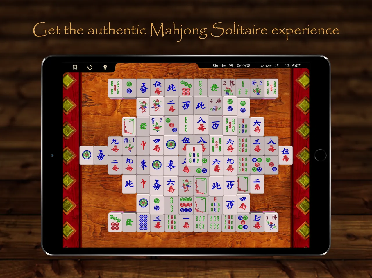 Mahjong Of The Day on an iPad: a full mahjong solitaire layout on a wooden table with timer and move count
