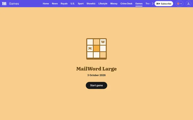 The MailWord Large start screen on the Daily Mail games page: the game's own icon and name, the date 3 October 2026 and a button to start the day's puzzle