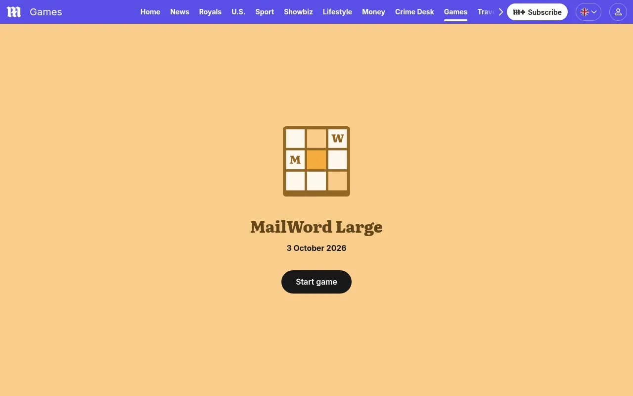 The MailWord Large start screen on the Daily Mail games page: the game's own icon and name, the date 3 October 2026 and a button to start the day's puzzle