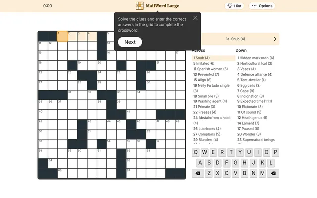 The MailWord Large crossword for 3 October 2026: an empty 15 by 15 grid with a help tip over it, across and down clue lists starting with Snub (4) and Hidden marksman (6), an on-screen keyboard, and H