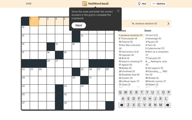 The MailWord Small crossword for 3 October 2026: an empty 11 by 11 grid with a help tip over it, across and down clues starting with Jamaican sectarian (5) and Arrest (3,2), an on-screen keyboard, and