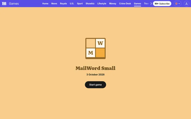 The MailWord Small start screen on the Daily Mail games page: the game's own icon and name, the date 3 October 2026 and a button to start the day's puzzle