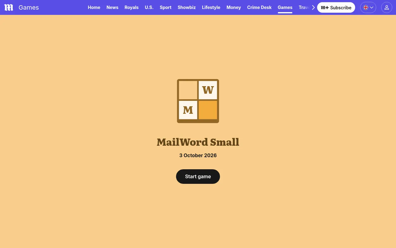 The MailWord Small start screen on the Daily Mail games page: the game's own icon and name, the date 3 October 2026 and a button to start the day's puzzle