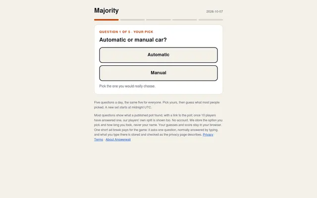 Majority question 1 of 5 for 2026-10-07: Automatic or manual car?, with two answer buttons and five progress bars above