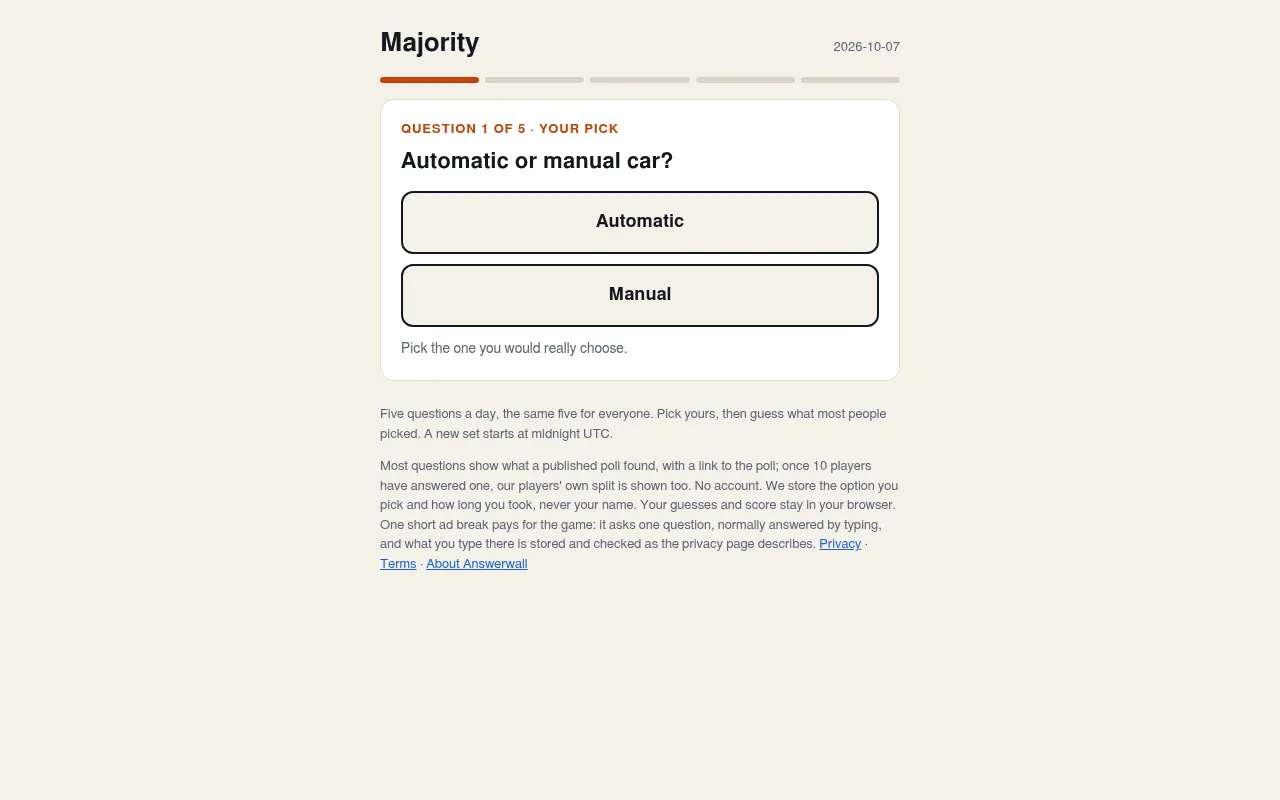 Majority question 1 of 5 for 2026-10-07: Automatic or manual car?, with two answer buttons and five progress bars above