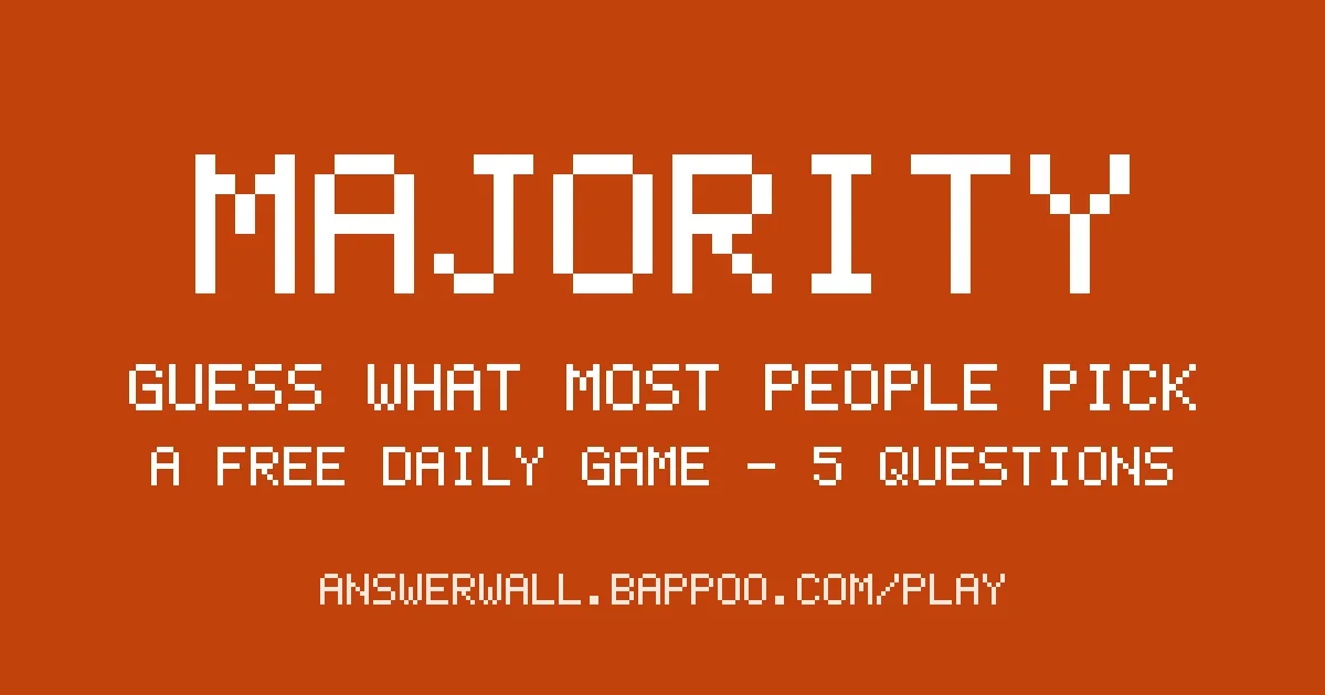 Majority share card: orange background with the words Guess what most people pick, a free daily game, 5 questions