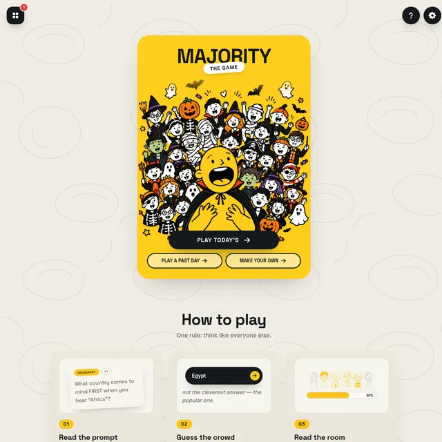 Majority the Game home card with a crowd of cartoon characters in Halloween costumes, buttons for today's game, past days and making your own, and the How to play steps