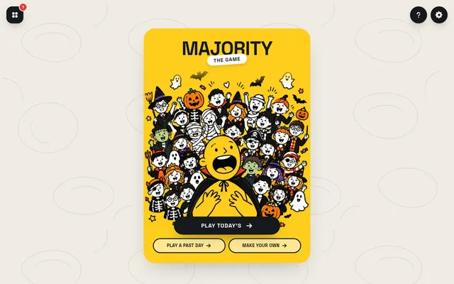 Majority the Game home card: the MAJORITY THE GAME logo above a crowd of cartoon characters in Halloween costumes on yellow, with buttons for Play today's, Play a past day and Make your own
