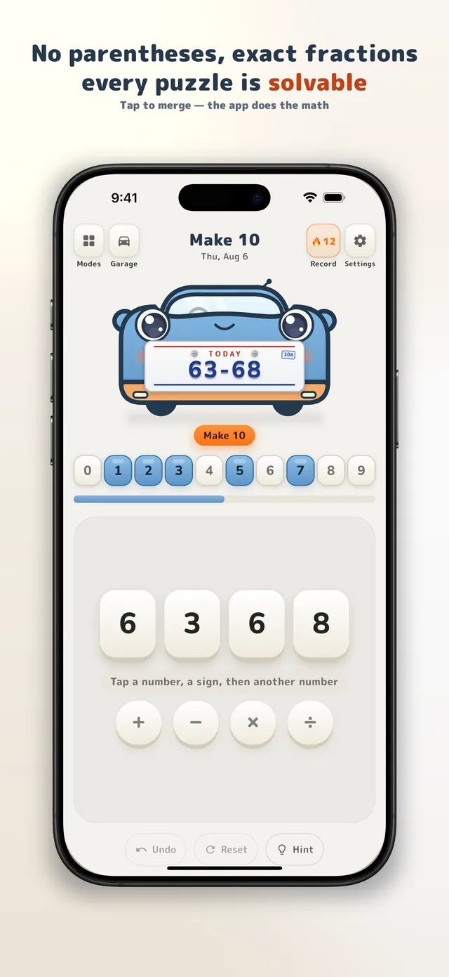 Make 10's daily screen: today's plate 63-68 on a cartoon car, the digits 6, 3, 6 and 8 and the four operation buttons