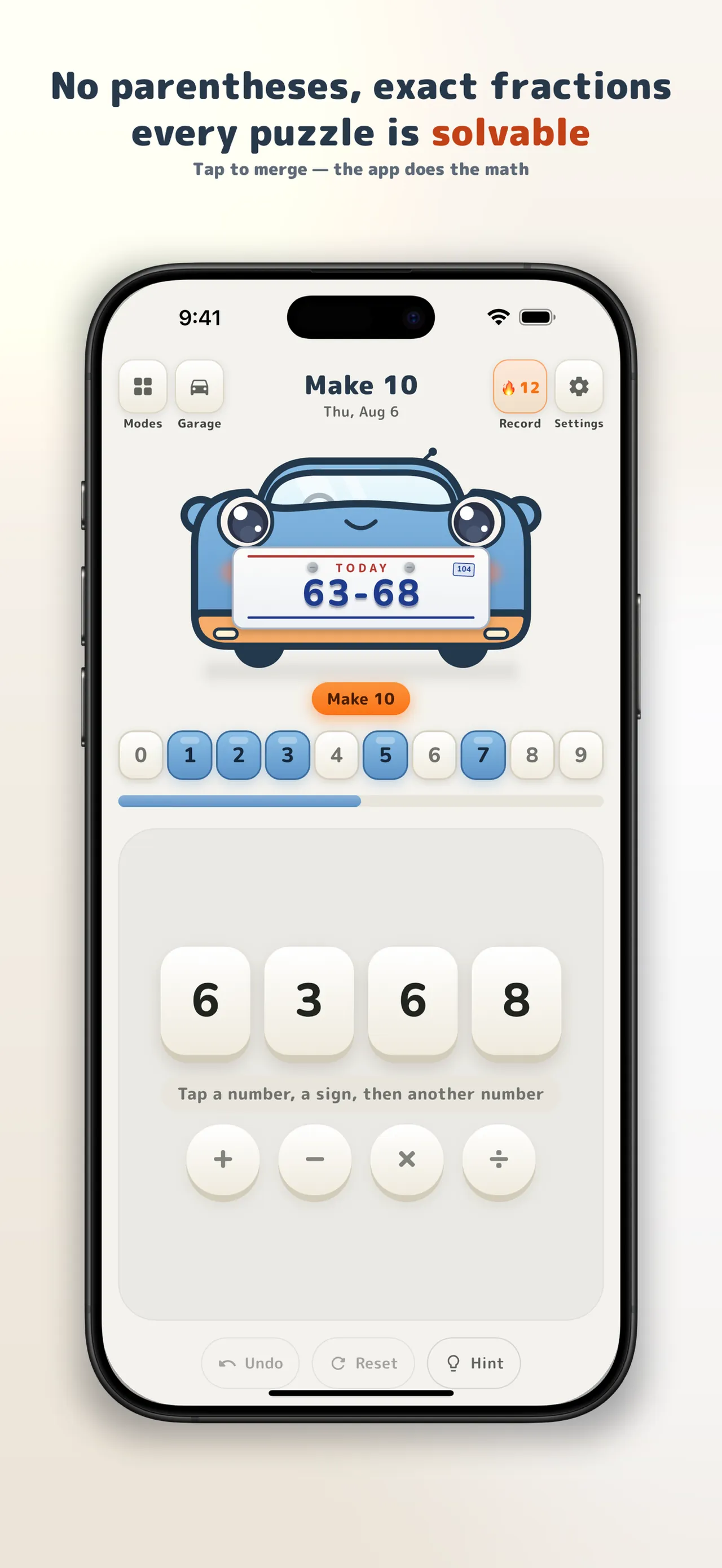 Make 10's daily screen: today's plate 63-68 on a cartoon car, the digits 6, 3, 6 and 8 and the four operation buttons
