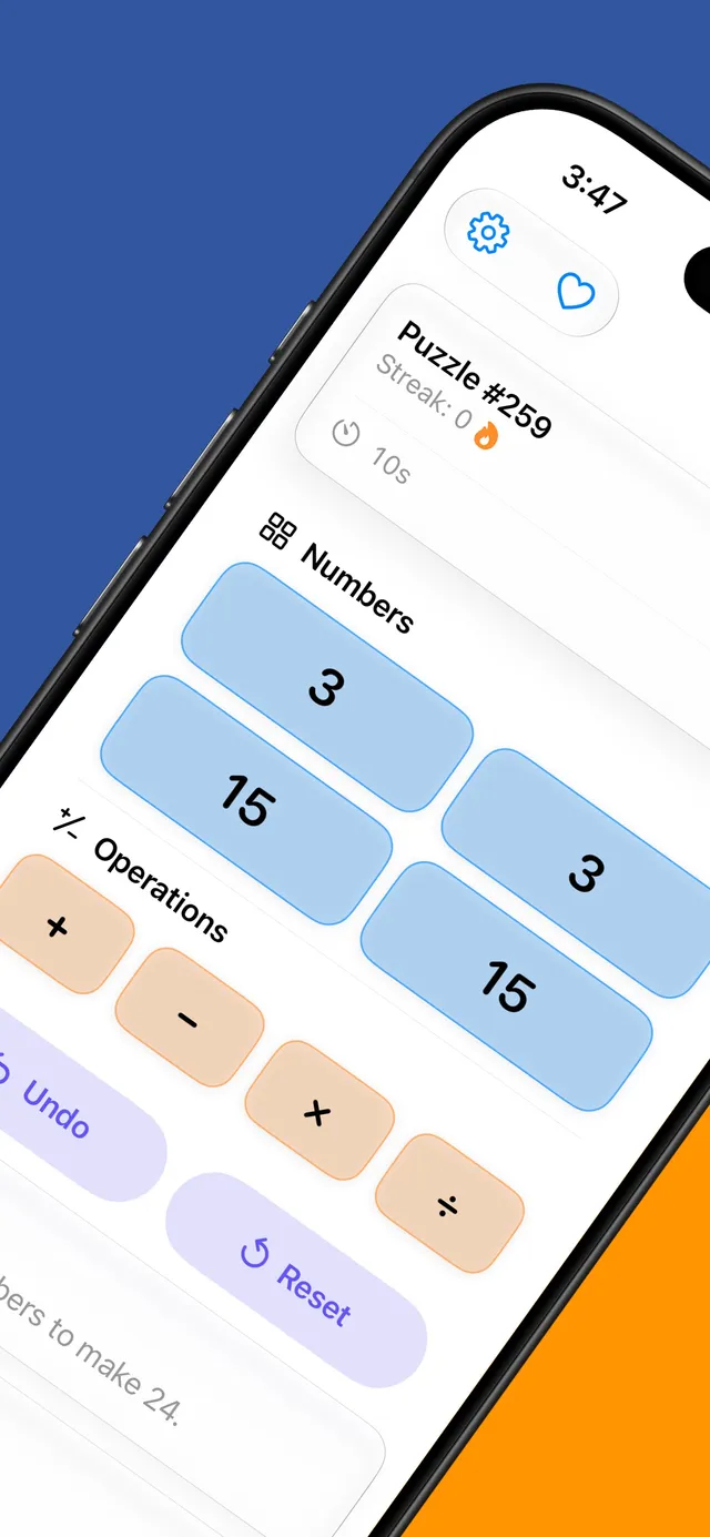 Make24 on iPhone: Puzzle #259 with the numbers 3, 15, 3 and 15 and the four operation buttons below, a timer at 10s