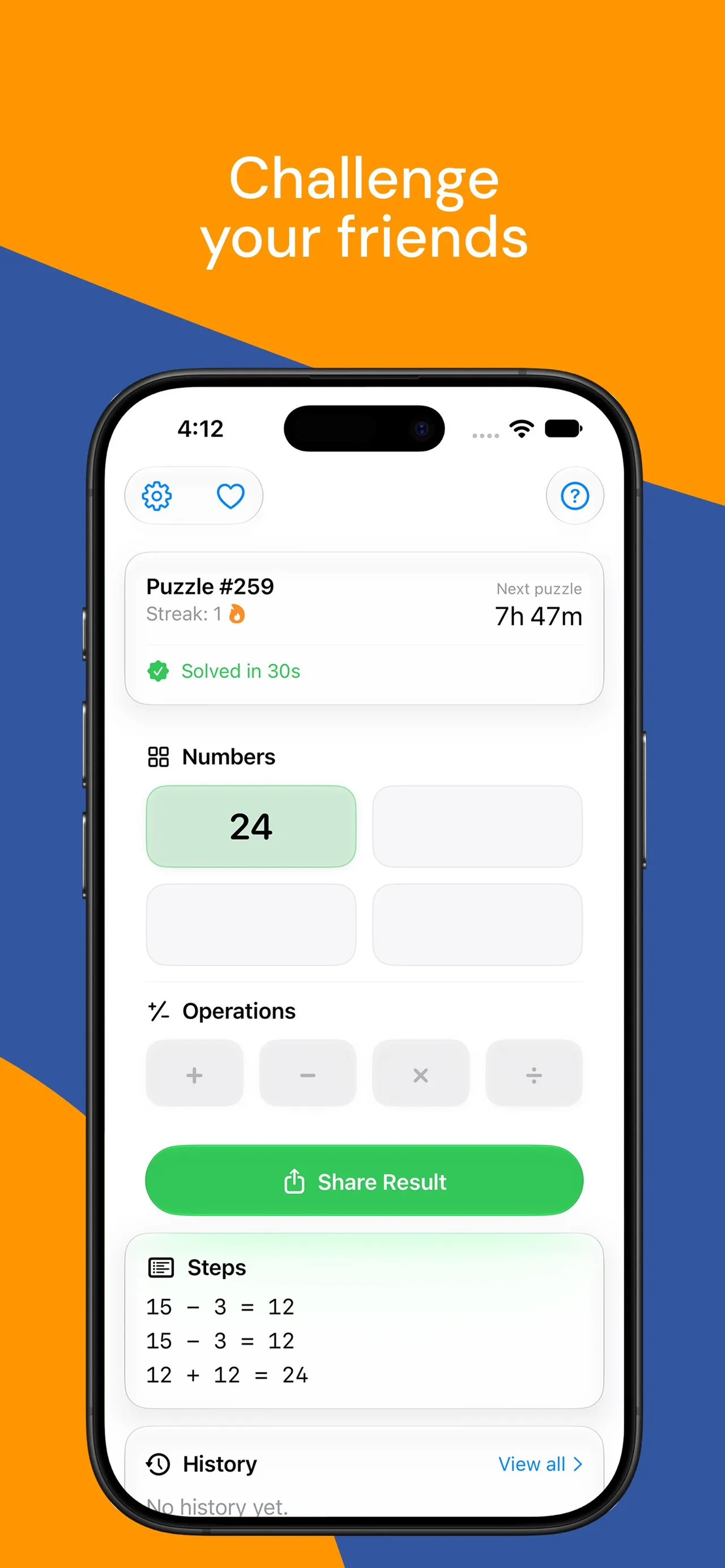 Make24 after a solve: Puzzle #259 solved in 30s, next puzzle in 7h 47m, a Share Result button and the steps 15 - 3 = 12, 15 - 3 = 12, 12 + 12 = 24, under Challenge your friends
