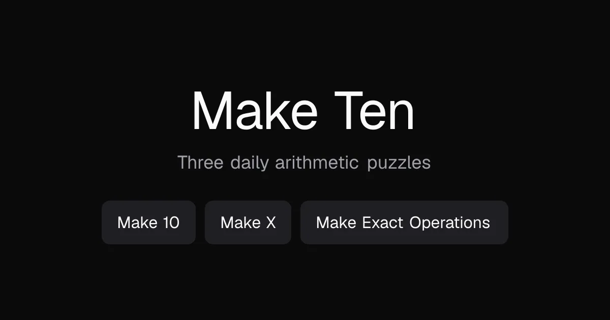 Make Ten title card: Three daily arithmetic puzzles, with buttons for Make 10, Make X and Make Exact Operations