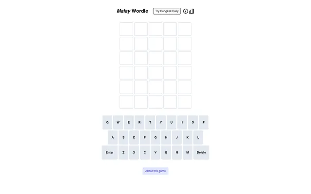 Malay Wordle (Katapat) board before the first guess: six empty rows of five tiles above an on-screen keyboard, with a Try Congkak Daily button in the header
