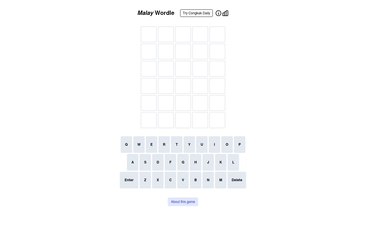 Malay Wordle (Katapat) board before the first guess: six empty rows of five tiles above an on-screen keyboard, with a Try Congkak Daily button in the header