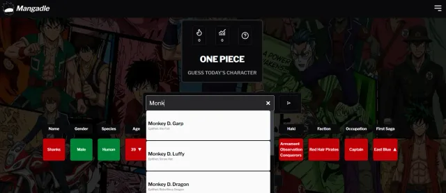 Mangadle One Piece screen: 'Guess today's character' with a guess for Shanks shown as tiles for gender, species, age, Haki, faction, occupation and first saga, and name suggestions for Monkey D.