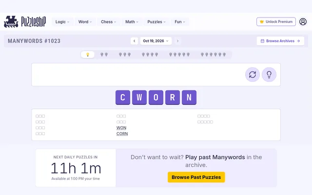 Manywords #1023 of Oct 19, 2026 on the very easy level: letters C W O R N, WON and CORN found among the blanks by length, and a countdown to the next sets at 1:00 PM