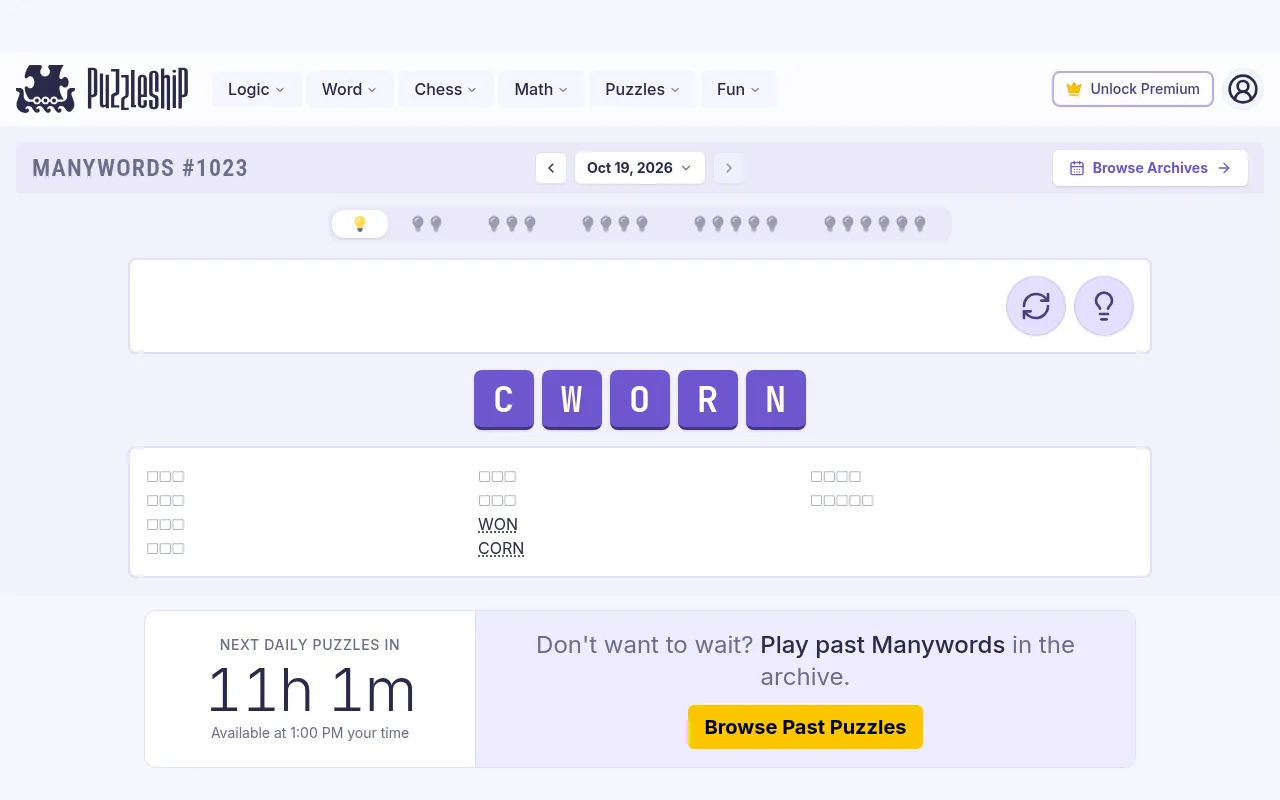 Manywords #1023 of Oct 19, 2026 on the very easy level: letters C W O R N, WON and CORN found among the blanks by length, and a countdown to the next sets at 1:00 PM