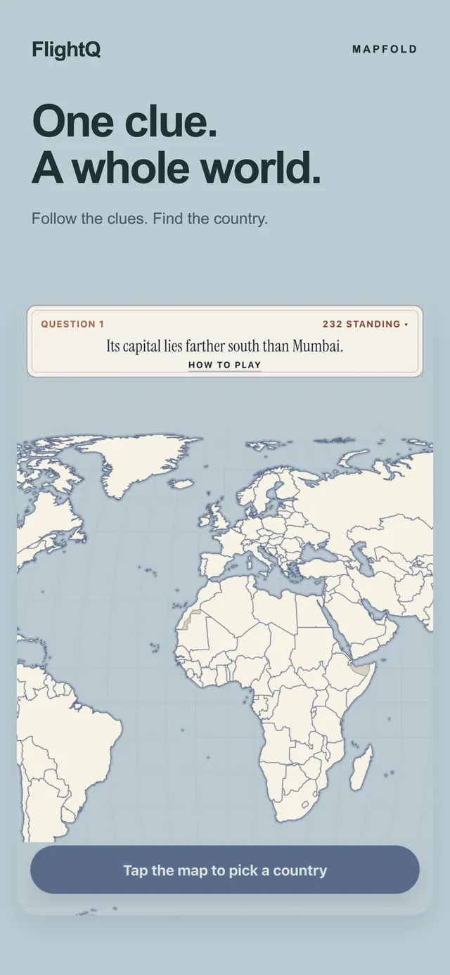 Mapfold on the FlightQ app: Question 1, Its capital lies farther south than Mumbai, 232 countries standing, over a world map to tap