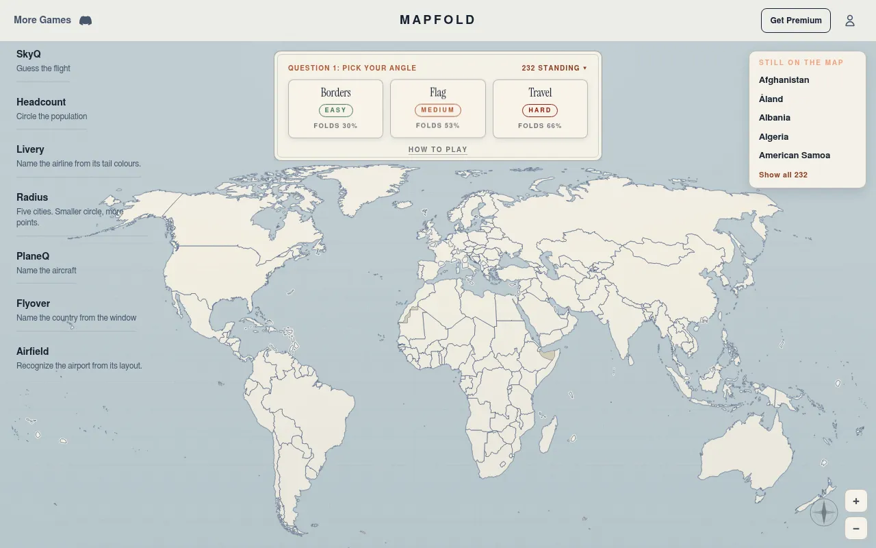 Today's Mapfold board on the web: Question 1, pick your angle from Borders (easy, folds 30%), Flag (medium) and Travel (hard), 232 countries standing over the world map