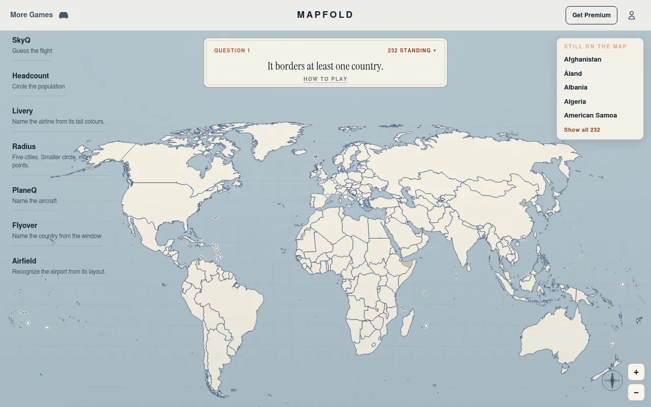 Mapfold on the web: Question 1, It borders at least one country, 232 countries standing, over the world map