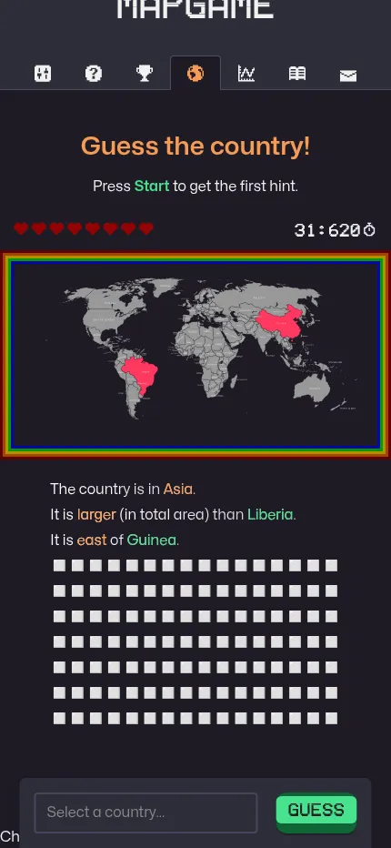 MapGame's daily board on a phone after two guesses, Brazil and China shaded on the world map, with three hints below: in Asia, larger than Liberia, east of Guinea