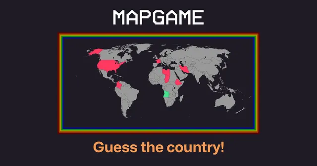 MapGame title card with a world map showing wrong guesses in red and the found country in green, and the line Guess the country
