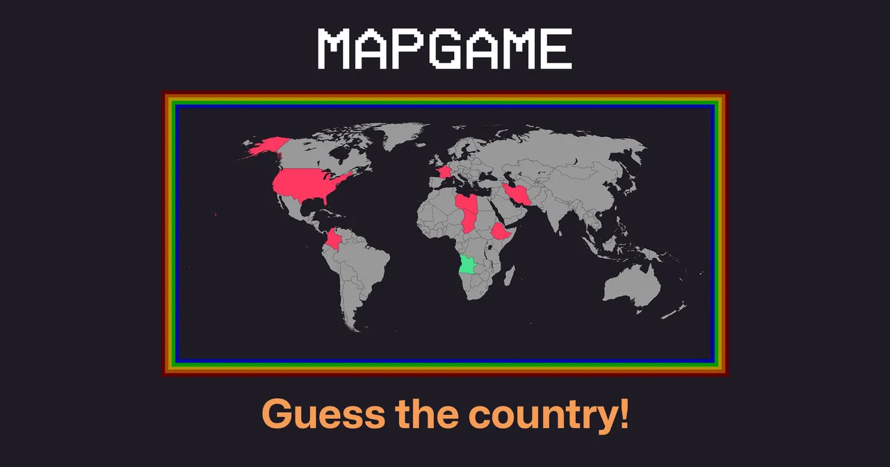 MapGame title card with a world map showing wrong guesses in red and the found country in green, and the line Guess the country