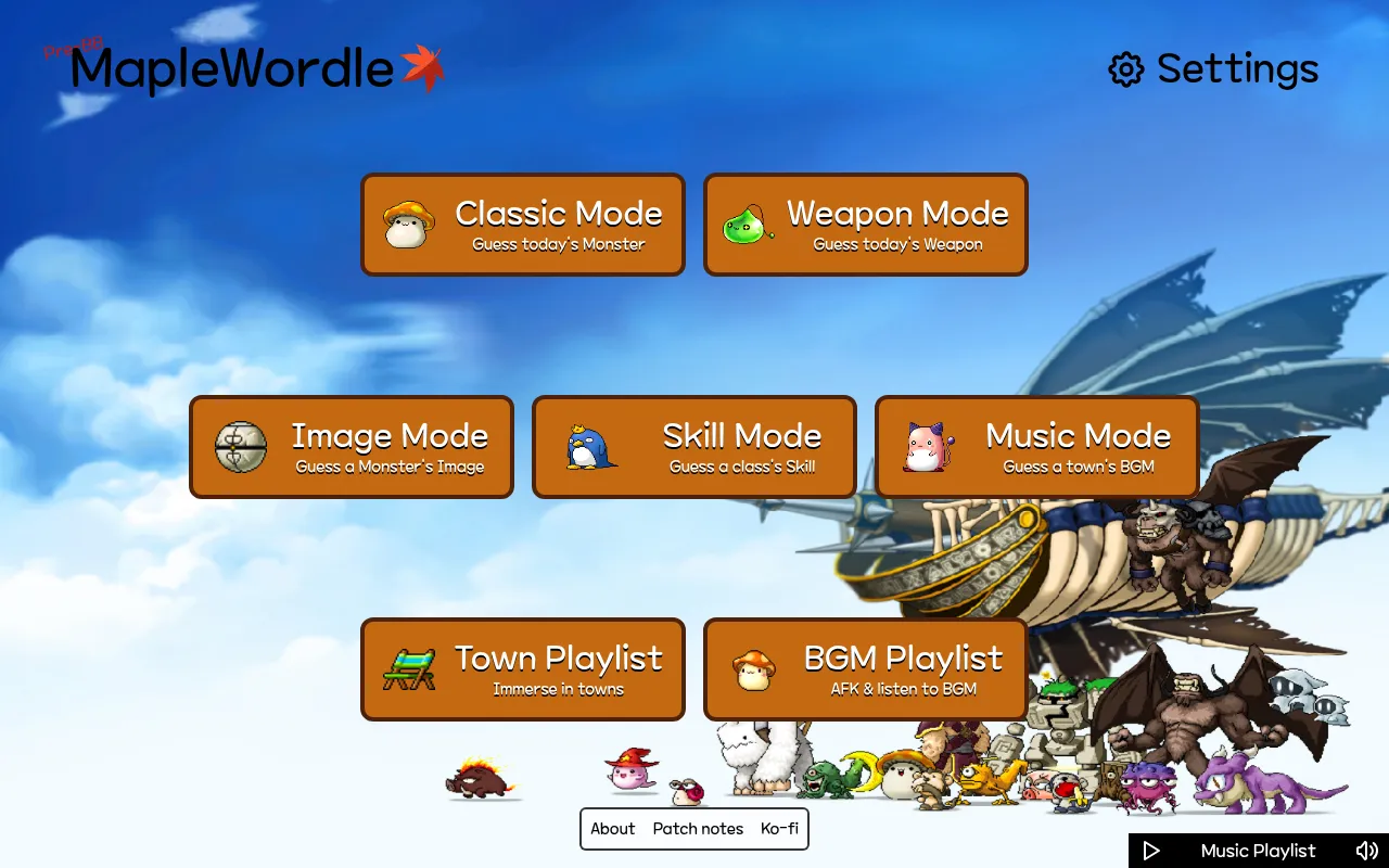 The MapleWordle home screen over a MapleStory sky with an airship and monsters, with buttons for Classic, Weapon, Image, Skill and Music modes and two playlists