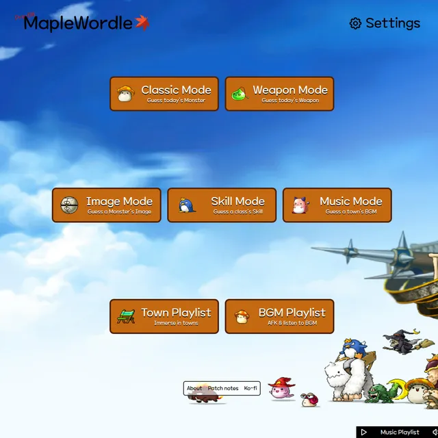 The MapleWordle home screen over a MapleStory sky background, with mode buttons for Classic (guess today's monster), Weapon (guess today's weapon), Image (guess a monster's image), Skill (guess a clas