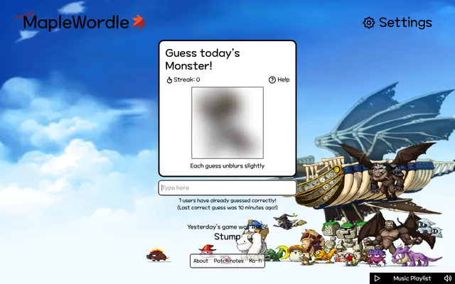 MapleWordle's daily Image mode: 'Guess today's Monster!' with a blurred monster picture that unblurs slightly with each guess, a Type here box and yesterday's answer below, over a MapleStory airship a