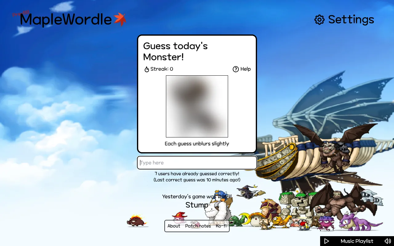 MapleWordle's daily Image mode: 'Guess today's Monster!' with a blurred monster picture that unblurs slightly with each guess, a Type here box and yesterday's answer below, over a MapleStory airship a