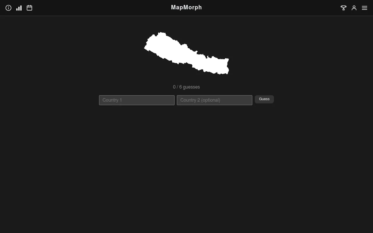 MapMorph board: a white country silhouette on a dark background, 0 of 6 guesses, and two boxes for Country 1 and an optional Country 2