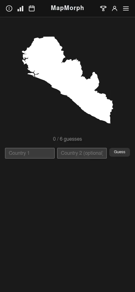 MapMorph at phone size: the day's silhouette above the guess counter and the two country boxes