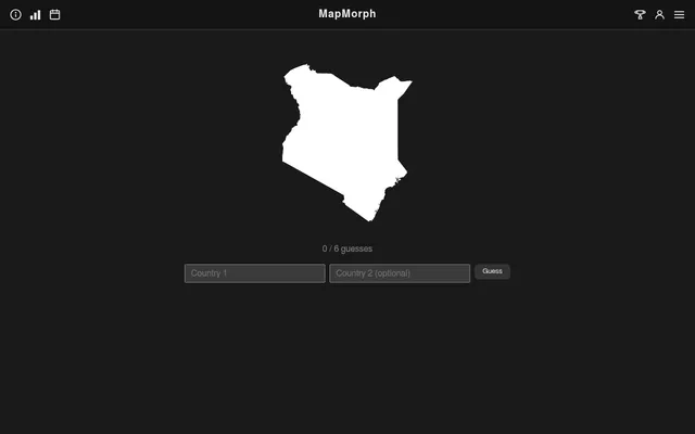 MapMorph board: the day's white country silhouette on a dark grey background, a 0 / 6 guesses counter, and input boxes for Country 1 and an optional Country 2 with a Guess button