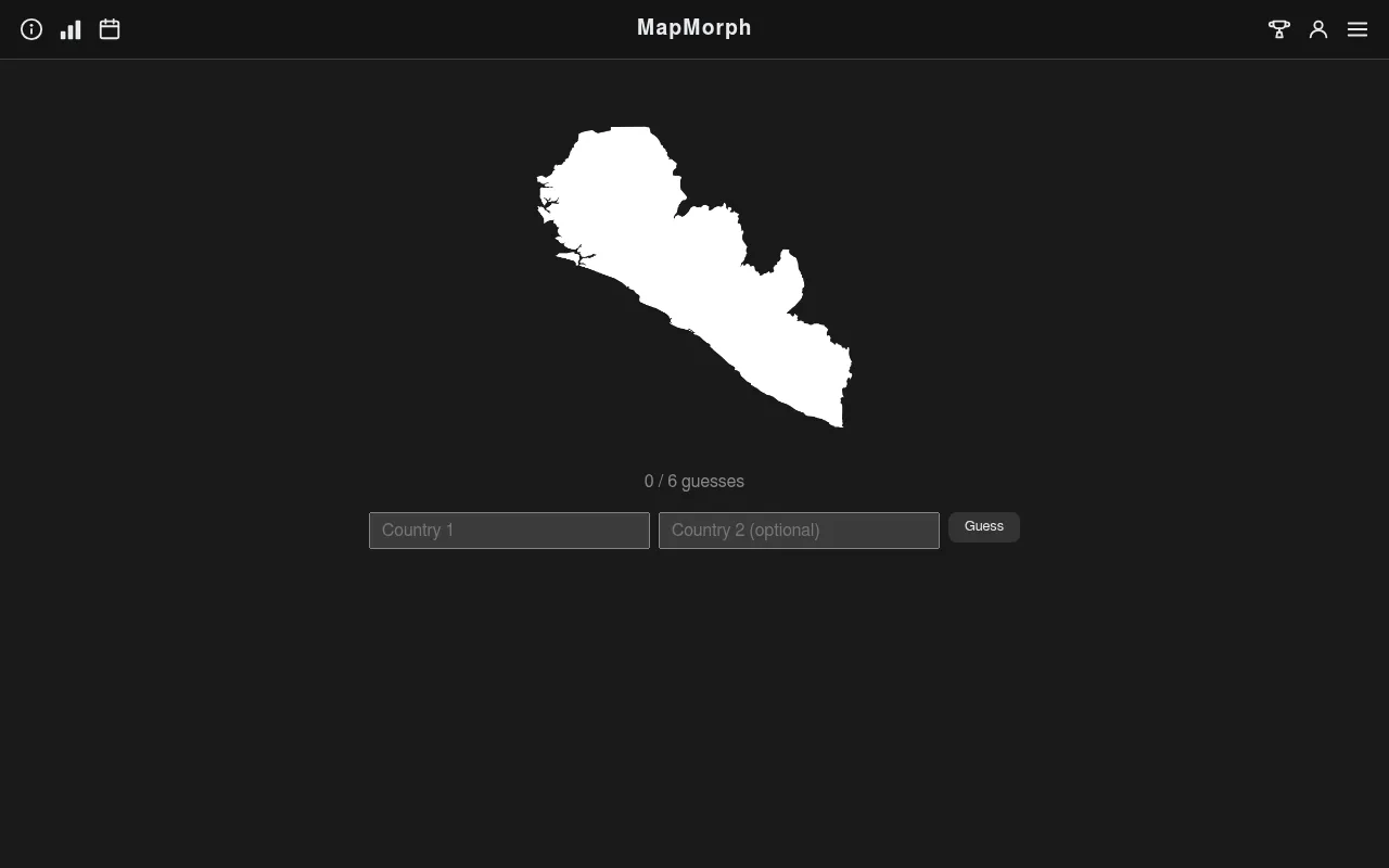 MapMorph's board for 18 October 2026 at desktop size: the day's silhouette of two joined West African countries, a 0 / 6 guesses counter and boxes for two countries