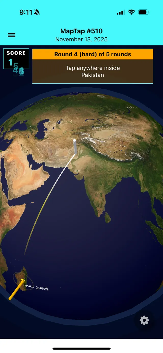 MapTap #510, round 4 of 5: a tap on the 3D globe and a line to Pakistan