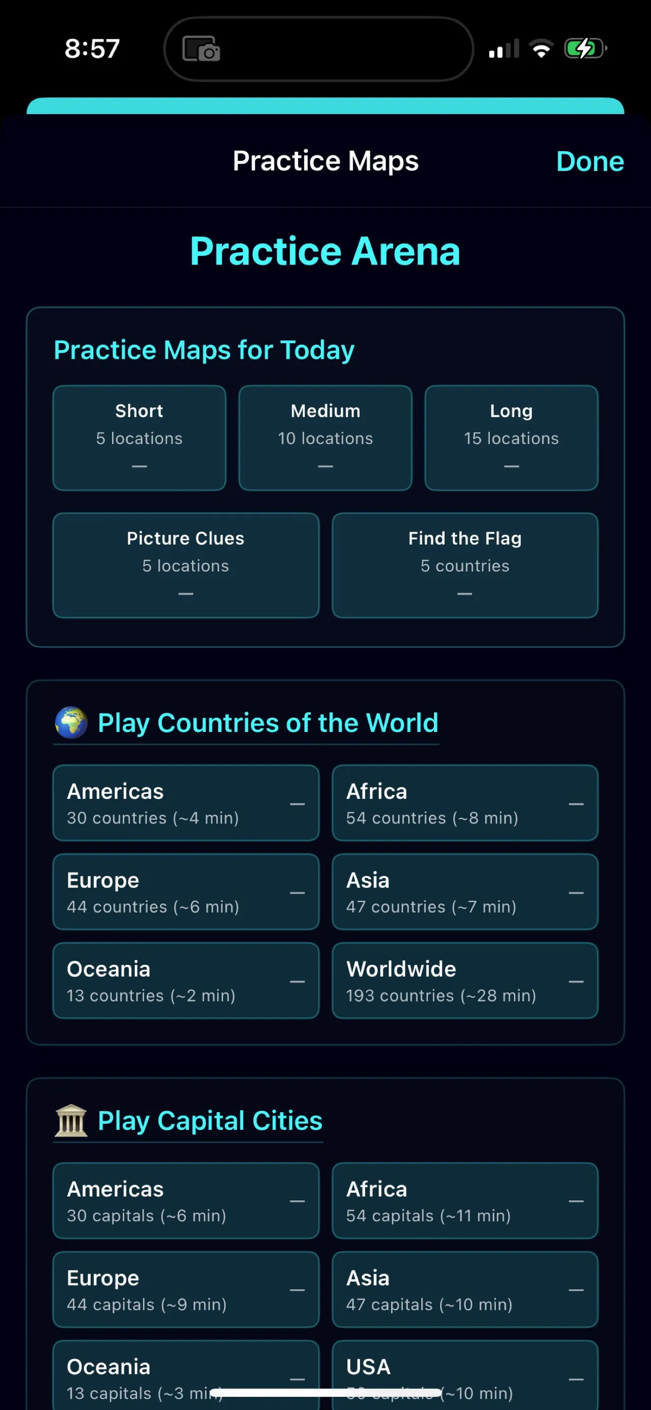 MapTap's Practice Arena: short, medium and long daily maps, picture clues, flags, countries and capitals
